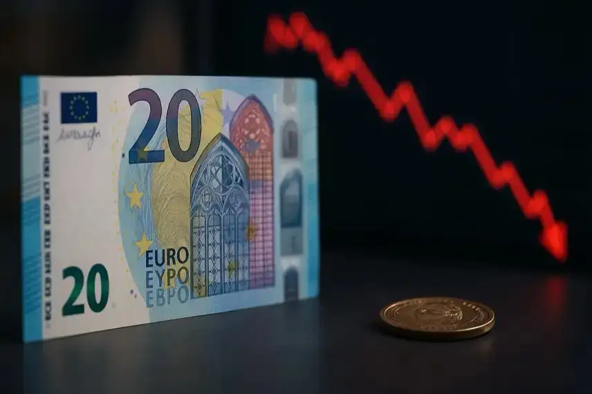 Nahaufnahme einer 20-Euro-Banknote mit einem unscharfen roten Abwärtstrend im Hintergrund und einer liegenden Dollar-Münze im Vordergrund.