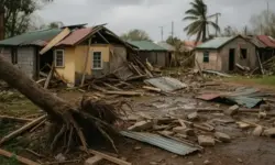 Zerstörte Häuser, umgestürzte Bäume und Trümmer auf einer überfluteten Straße nach einem heftigen Sturm in einem Küstendorf.