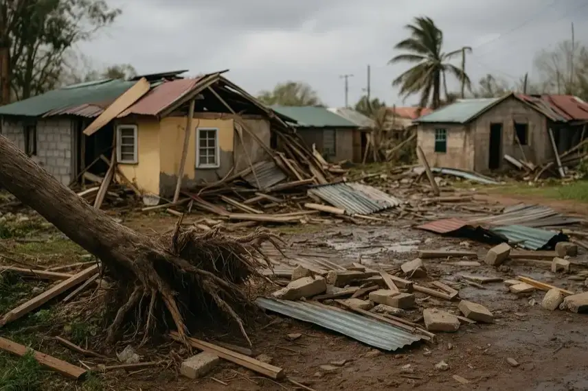Zerstörte Häuser, umgestürzte Bäume und Trümmer auf einer überfluteten Straße nach einem heftigen Sturm in einem Küstendorf.