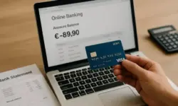 Hand hält blaue Debitkarte vor einem Laptop mit geöffnetem Online-Banking-Fenster und angezeigtem Kontostand, daneben ein Bankauszug auf dem Tisch.