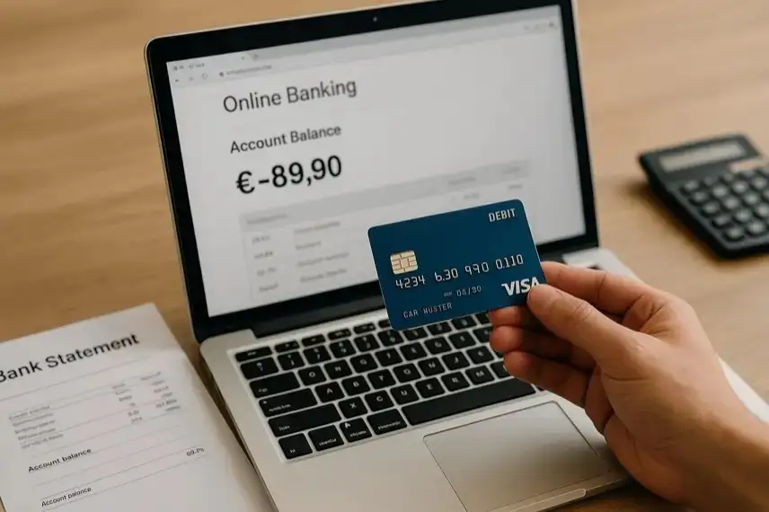 Hand hält blaue Debitkarte vor einem Laptop mit geöffnetem Online-Banking-Fenster und angezeigtem Kontostand, daneben ein Bankauszug auf dem Tisch.