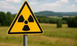 Gelbes Warnschild mit schwarzem Strahlensymbol vor einer grünen Wiesenlandschaft unter blauem Himmel.