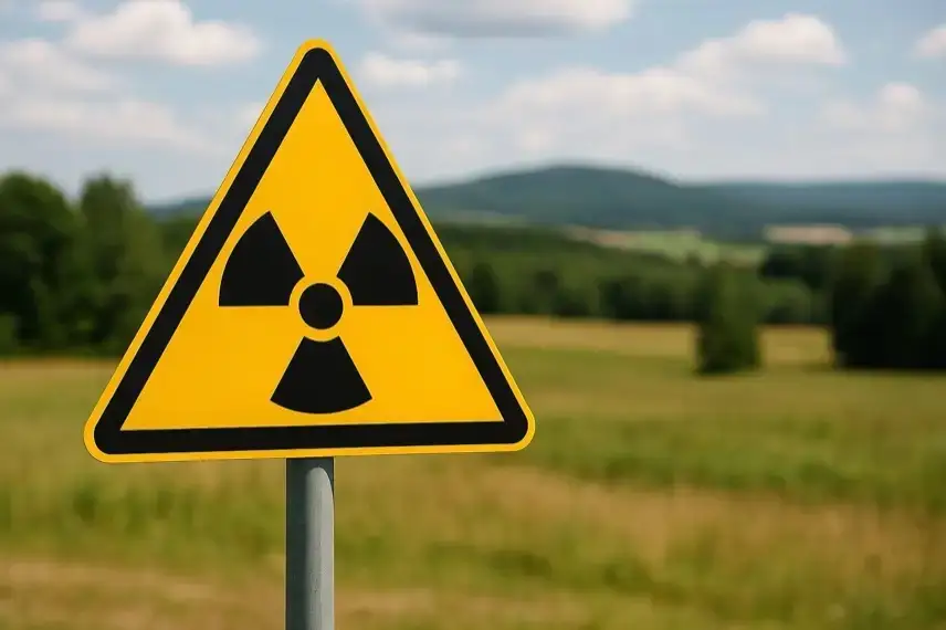Gelbes Warnschild mit schwarzem Strahlensymbol vor einer grünen Wiesenlandschaft unter blauem Himmel.