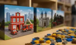 Klemmbaustein-Sets in bunten Farben liegen auf einem Tisch vor Regalen mit Verpackungen, im Hintergrund unscharf ein Geschäft mit weiteren Modellen.