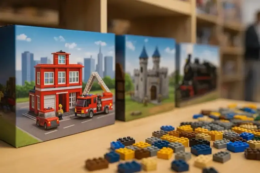 Klemmbaustein-Sets in bunten Farben liegen auf einem Tisch vor Regalen mit Verpackungen, im Hintergrund unscharf ein Geschäft mit weiteren Modellen.