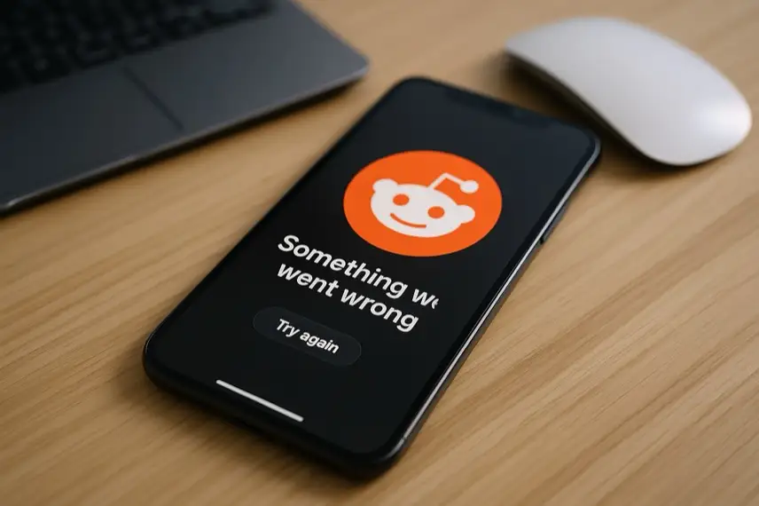 Ein Smartphone liegt auf einem Holztisch und zeigt eine Reddit-Fehlermeldung auf dem Bildschirm, daneben eine Computermaus.