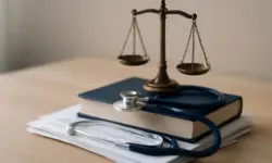 Eine bronzene Waage steht auf einem blauen Buch neben einem Stethoskop und einem Stapel medizinischer Dokumente auf einem Holztisch.