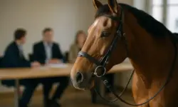 Ein braunes Pferd mit Zaumzeug steht im Vordergrund, im Hintergrund sitzen unscharf mehrere Personen an einem Tisch in einem Besprechungsraum.