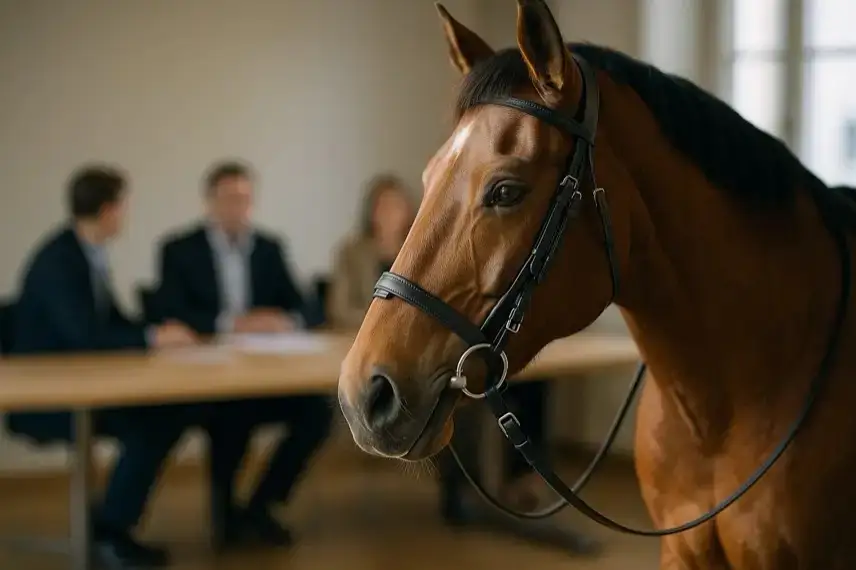 Ein braunes Pferd mit Zaumzeug steht im Vordergrund, im Hintergrund sitzen unscharf mehrere Personen an einem Tisch in einem Besprechungsraum.