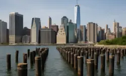 Skyline von New York City mit One World Trade Center, fotografiert vom East River bei klarem Himmel und ruhigem Wasser im Vordergrund.