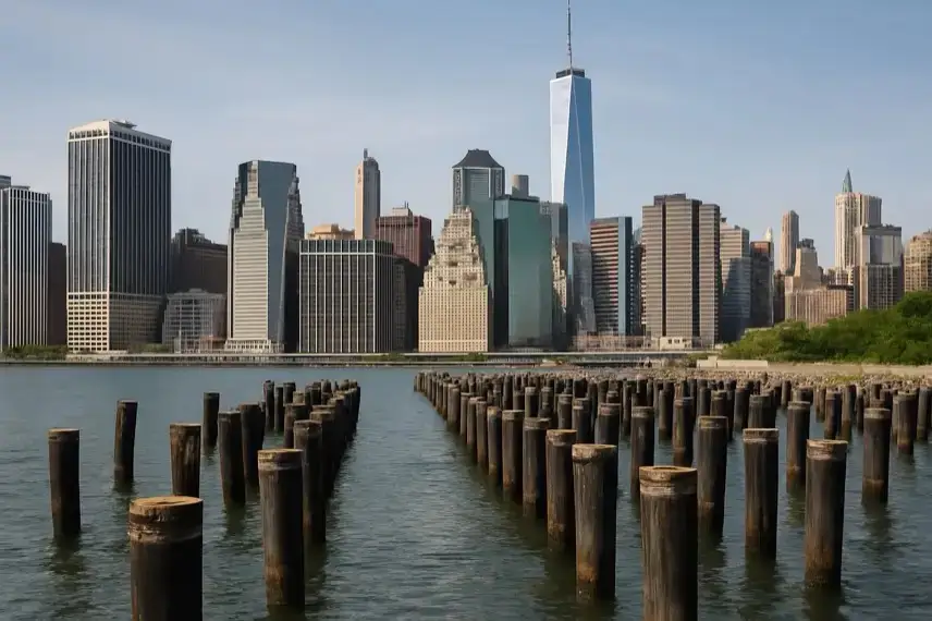 Skyline von New York City mit One World Trade Center, fotografiert vom East River bei klarem Himmel und ruhigem Wasser im Vordergrund.