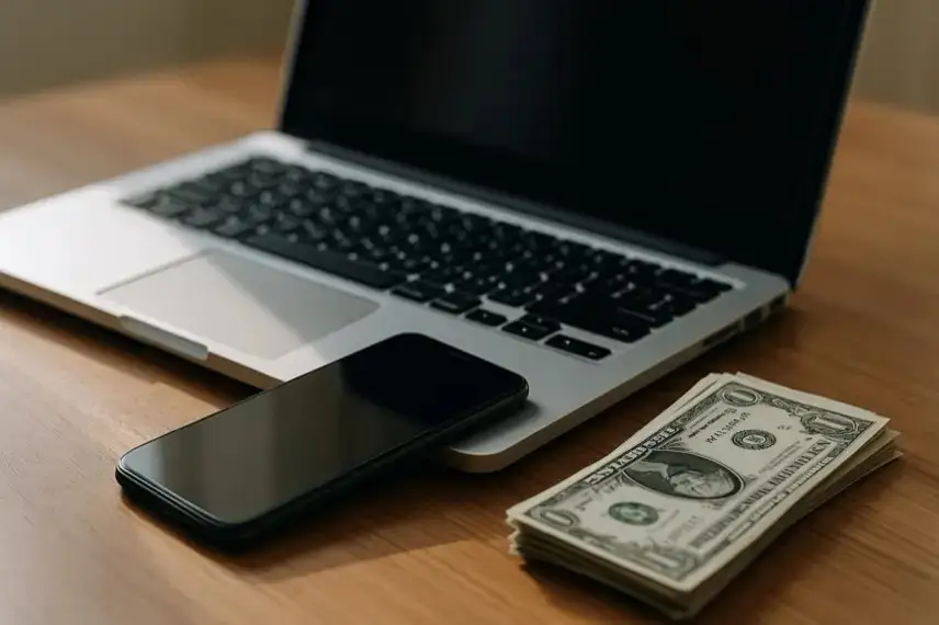 Laptop, Smartphone und ein Stapel Geldscheine auf einem Holztisch bei natürlichem Licht.