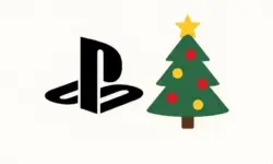 PlayStation-Logo steht links neben einem festlich dekorierten Weihnachtsbaum mit Kugeln und Stern auf hellem Hintergrund.