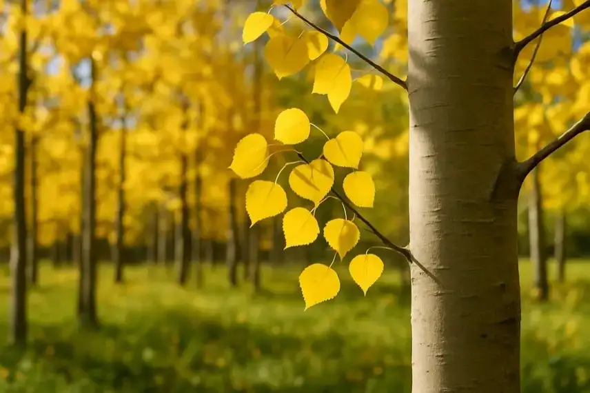 Nahaufnahme einer Zitterpappel mit gelben Blättern im herbstlichen Wald bei Sonnenlicht, Vordergrund scharf, Hintergrund unscharf.