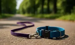 Lila Hundeleine und blaues Halsband liegen auf einem sonnigen Weg mit unscharfem, grünen Hintergrund.