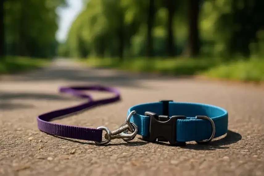 Lila Hundeleine und blaues Halsband liegen auf einem sonnigen Weg mit unscharfem, grünen Hintergrund.