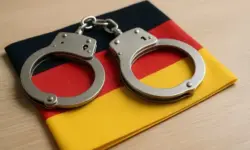 Zwei silberne Handschellen liegen auf einer gefalteten Deutschlandflagge auf einem Holztisch.