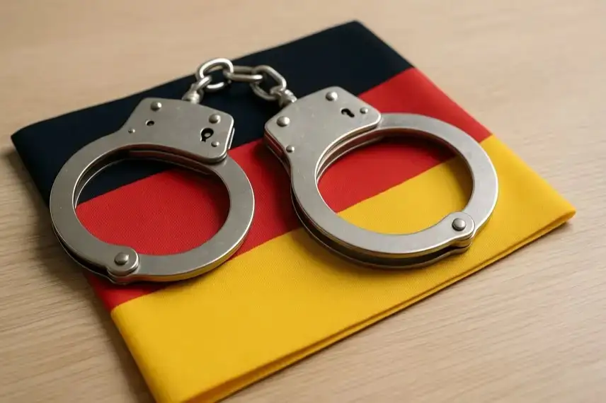 Zwei silberne Handschellen liegen auf einer gefalteten Deutschlandflagge auf einem Holztisch.