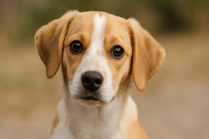 Ein junger, braun-weißer Hund schaut mit großen Augen direkt in die Kamera.