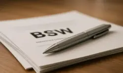 Ein silberner Kugelschreiber liegt schräg auf einem Stapel weißer Papiere mit dem Schriftzug BSW, auf einem Holztisch fotografiert.