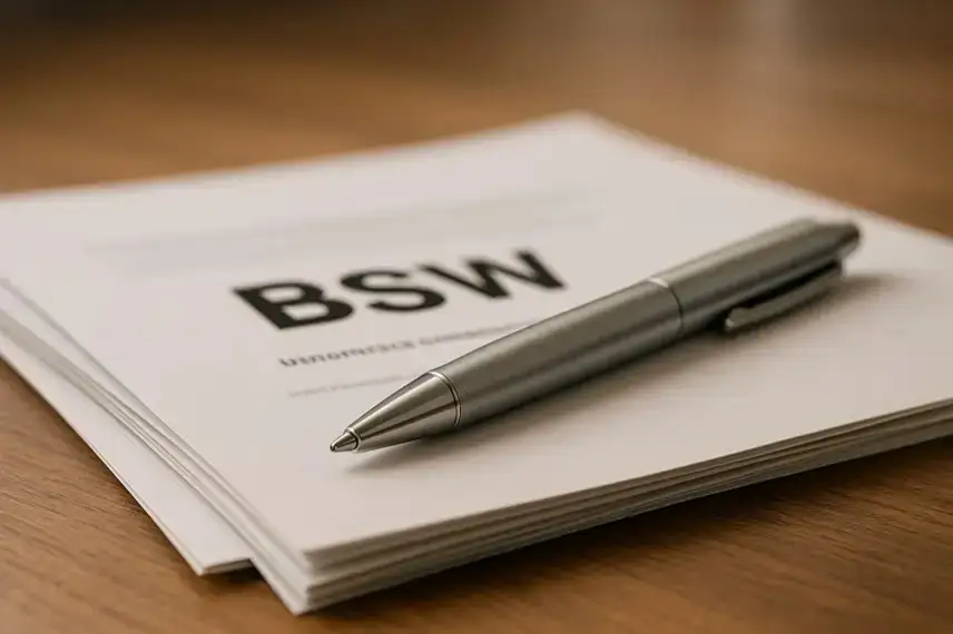 Ein silberner Kugelschreiber liegt schräg auf einem Stapel weißer Papiere mit dem Schriftzug BSW, auf einem Holztisch fotografiert.