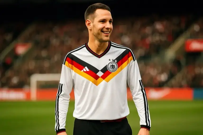 Mann mit kurzem Haar trägt das weiße DFB-Trikot mit schwarz-rot-goldenem V-Muster, steht lächelnd im Stadion.