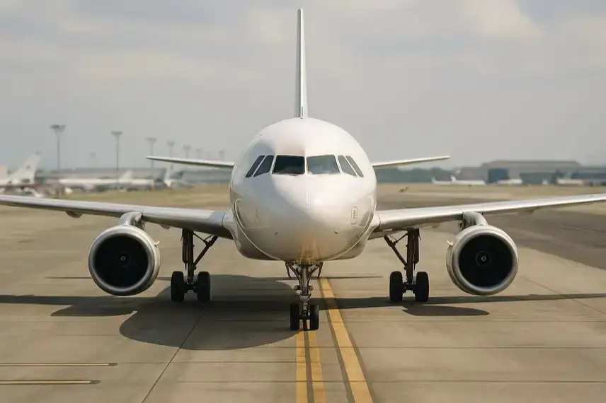 Shutdown: Frontansicht eines weißen Passagierflugzeugs auf dem Rollfeld bei Tageslicht, Hintergrund mit weiteren Flugzeugen und Hangars.