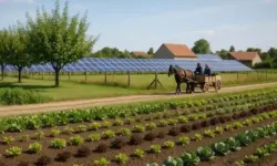Ein Dorf mit Solarpaneelen, Gemüsefeldern, Obstbäumen und einer Pferdekutsche auf einem Feldweg bei sonnigem Wetter.