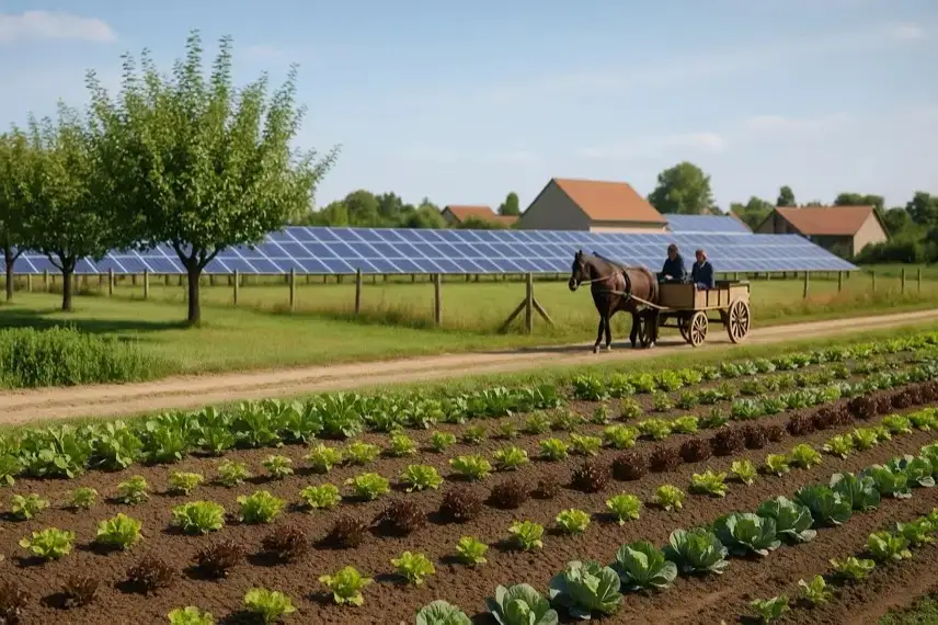 Ein Dorf mit Solarpaneelen, Gemüsefeldern, Obstbäumen und einer Pferdekutsche auf einem Feldweg bei sonnigem Wetter.