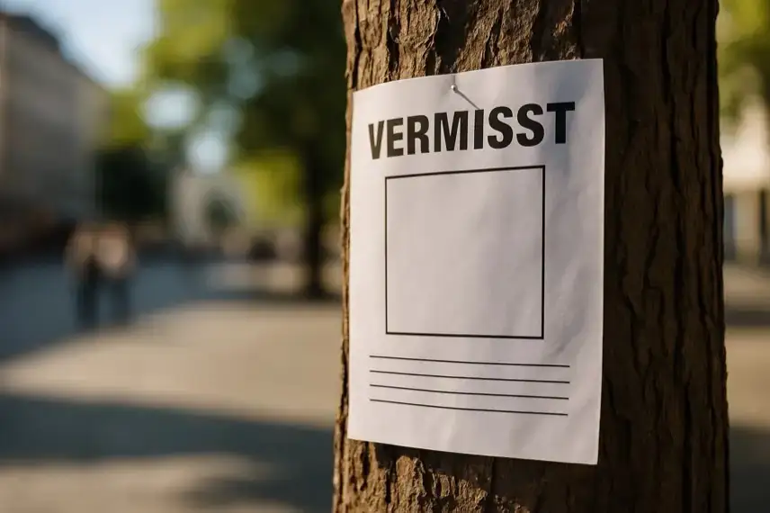 Nahaufnahme eines weißen Vermisstenzettels ohne Foto, befestigt an der Rinde eines Baumes, mit verschwommenem Stadtplatz im Hintergrund.