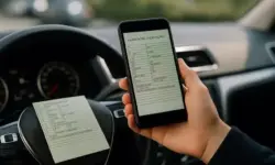 Eine Hand hält ein Smartphone mit digitalem Fahrzeugschein über dem Lenkrad, daneben liegt ein Papierfahrzeugschein im Auto.