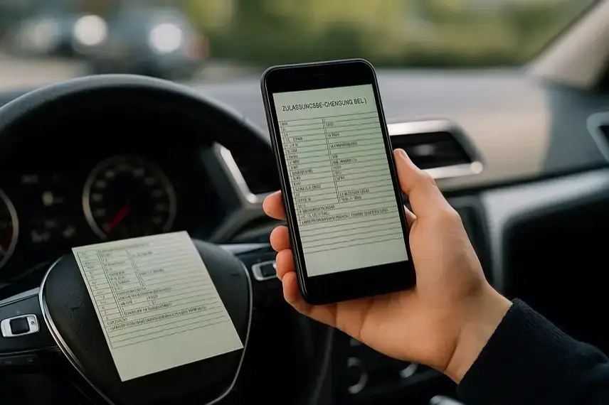 Eine Hand hält ein Smartphone mit digitalem Fahrzeugschein über dem Lenkrad, daneben liegt ein Papierfahrzeugschein im Auto.