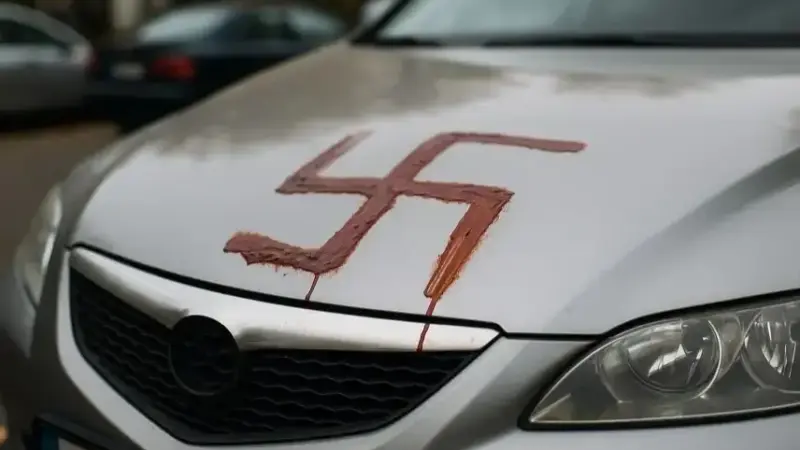 Nahaufnahme einer Autokarosserie mit einem aufgemalten Hakenkreuz, aufgenommen bei Tageslicht, ohne erkennbare Personen.