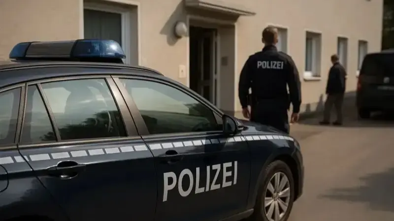 Ein Polizeiauto mit der Aufschrift „Polizei“ steht vor einem Wohnhaus, während zwei Beamte in Uniform vor dem Gebäude stehen.