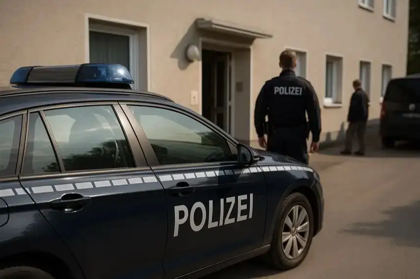 Ein Polizeiauto mit der Aufschrift „Polizei“ steht vor einem Wohnhaus, während zwei Beamte in Uniform vor dem Gebäude stehen.