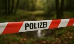 Rotes und weißes Polizeiband in einem Waldgebiet mit unscharfem Hintergrund aus Bäumen und Laub.