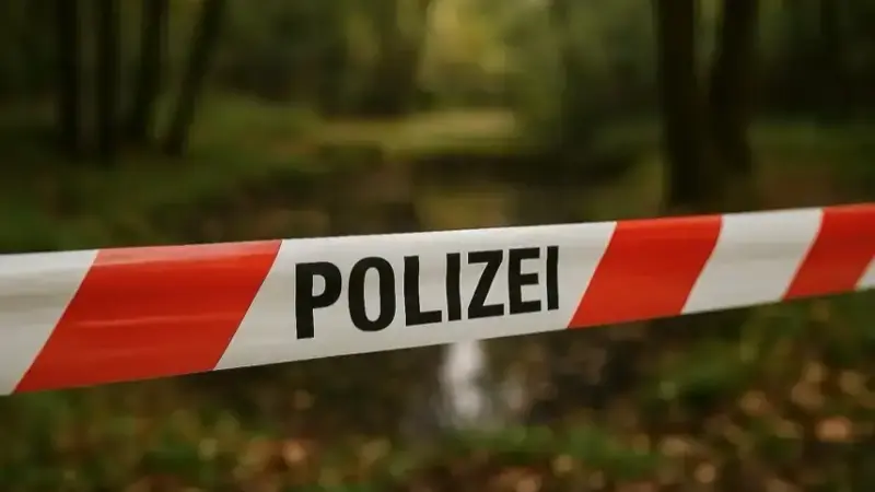 Rotes und weißes Polizeiband in einem Waldgebiet mit unscharfem Hintergrund aus Bäumen und Laub.