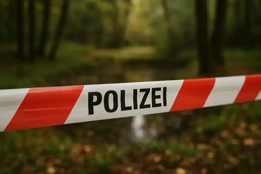 Rotes und weißes Polizeiband in einem Waldgebiet mit unscharfem Hintergrund aus Bäumen und Laub.