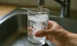 Holztisch mit Einkaufstaschen und Geschenken mit roten Schleifen, im Hintergrund unscharf ein Geschäft mit warmem Licht.