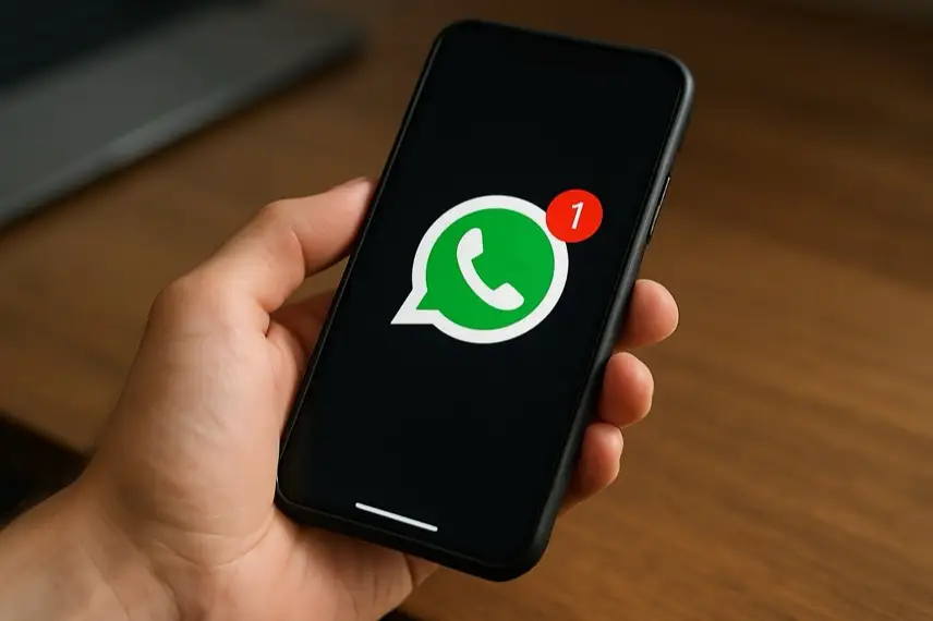 Eine Hand hält ein Smartphone mit dem WhatsApp-Logo und einer Benachrichtigung über eine neue Nachricht.