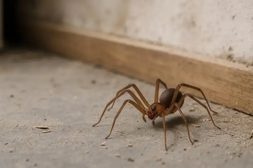 Nahaufnahme einer braunen Spinne auf einem Kellerboden mit unscharfem Hintergrund und natürlicher Beleuchtung.