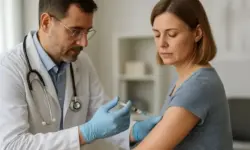 Nahaufnahme einer Spritze und Impfampulle auf hellem Tisch mit unscharfem Hintergrund.