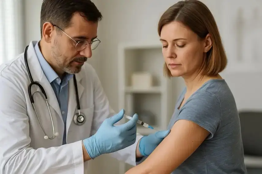 Nahaufnahme einer Spritze und Impfampulle auf hellem Tisch mit unscharfem Hintergrund.