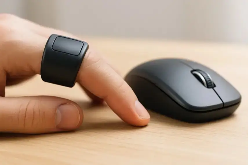 Ein Finger trägt einen schwarzen Smart-Ring und liegt neben einer schwarzen Computermaus auf einem hellen Holztisch.
