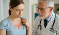 Eine Ärztin untersucht eine Patientin mit Hautausschlag auf der Brust, der auf Gürtelrose hinweist. Das Bild symbolisiert medizinische Beratung zum Thema Impfreaktionen.