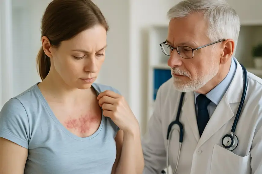 Eine Ärztin untersucht eine Patientin mit Hautausschlag auf der Brust, der auf Gürtelrose hinweist. Das Bild symbolisiert medizinische Beratung zum Thema Impfreaktionen.