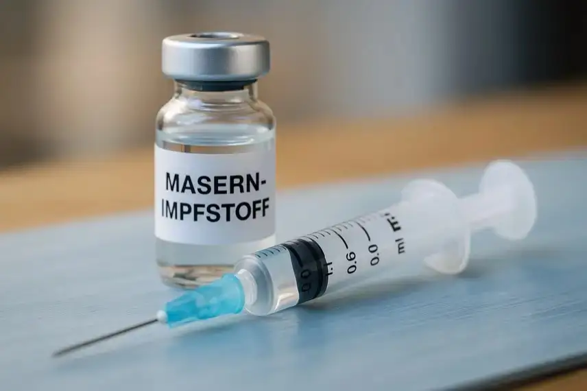 Nahaufnahme einer Spritze und eines Impfstoff-Fläschchens mit der Aufschrift „Masern-Impfstoff“ auf einem hellen Untergrund.