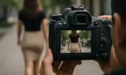 Eine Kamera hält den Rücken einer Frau im Fokus, die auf einer Straße geht, aufgenommen mit Tiefenschärfe und natürlichem Licht.