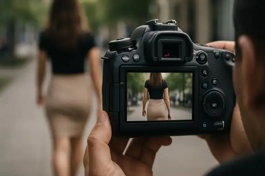 Eine Kamera hält den Rücken einer Frau im Fokus, die auf einer Straße geht, aufgenommen mit Tiefenschärfe und natürlichem Licht.