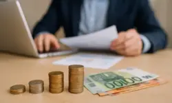 Mehrere gestapelte Euro-Münzen und Banknoten auf einem Schreibtisch, im Hintergrund ein Mann in Anzug, der an einem Laptop arbeitet.